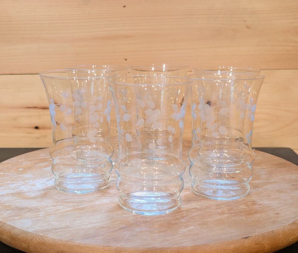 Vintage Mid-Century Etched Floral Juice Glasses 4.5" - c1960s - set of 6